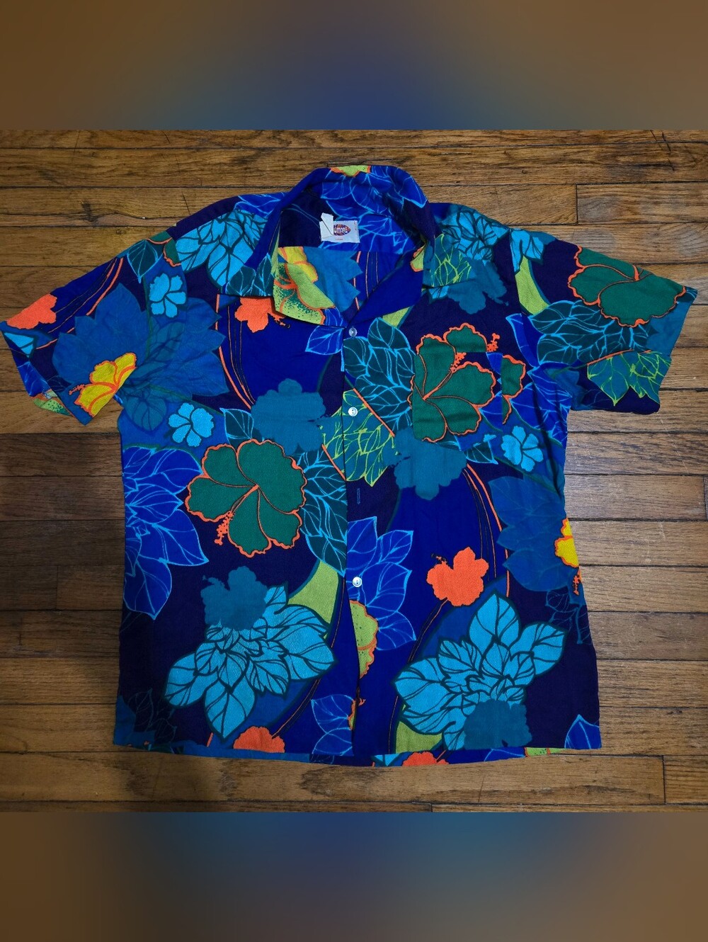 vtg 60/70s Pomare Hawaii L/XL Psychedelic Blue Leaf Hawaiian Bark Cloth Shirt